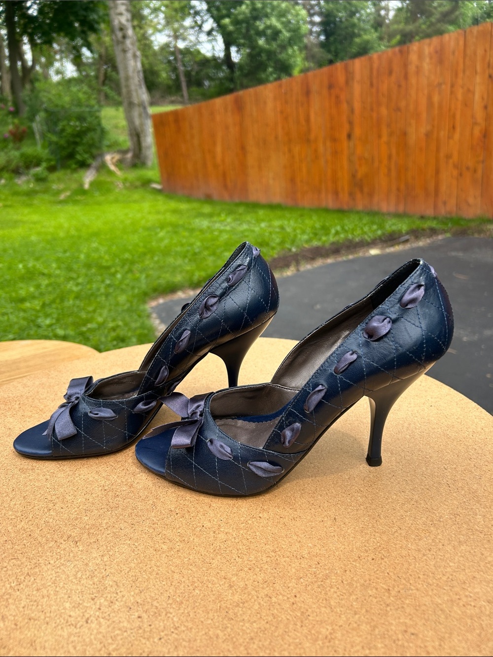 BCBG Navy Satin Peep-Toe Heels with Ribbon Detail